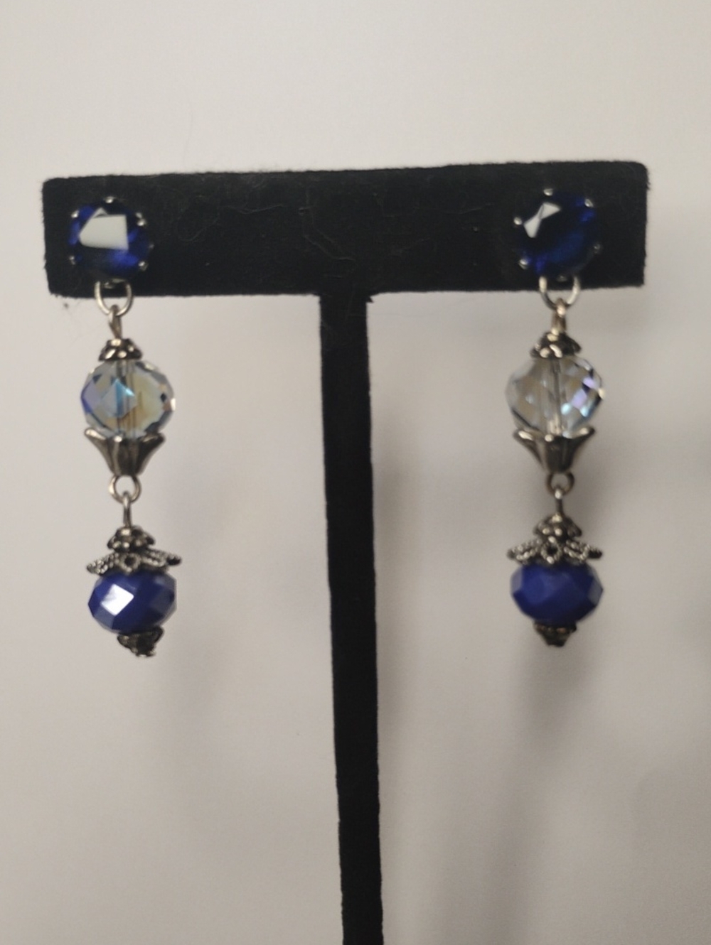 Handmade Cobalt Blue CZ & Crystal Glass Vintage Dangle Earrings